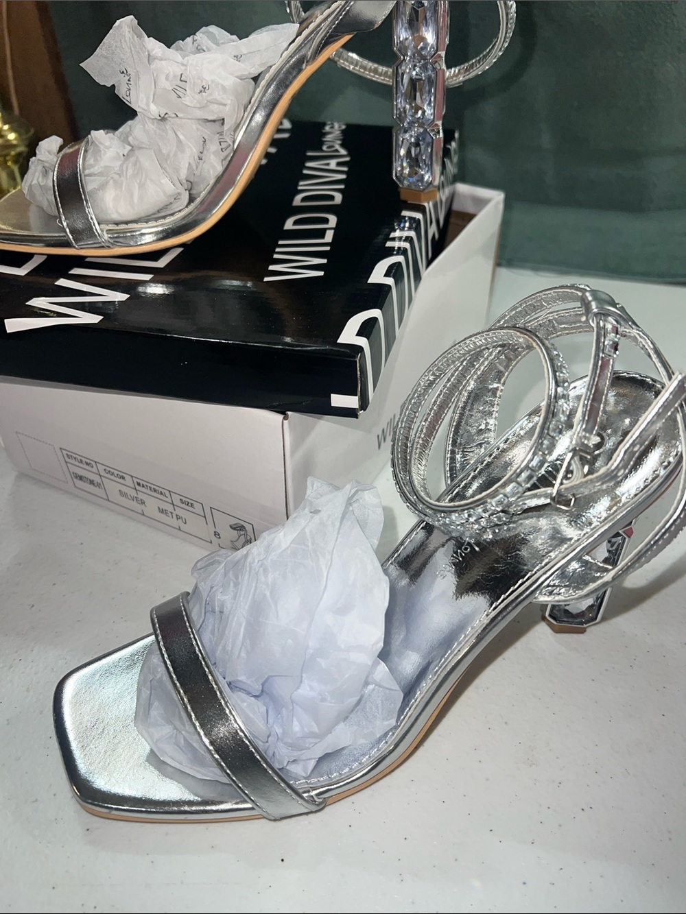 Wild Diva Silver Gem-Embellished Ankle-Strap Heels